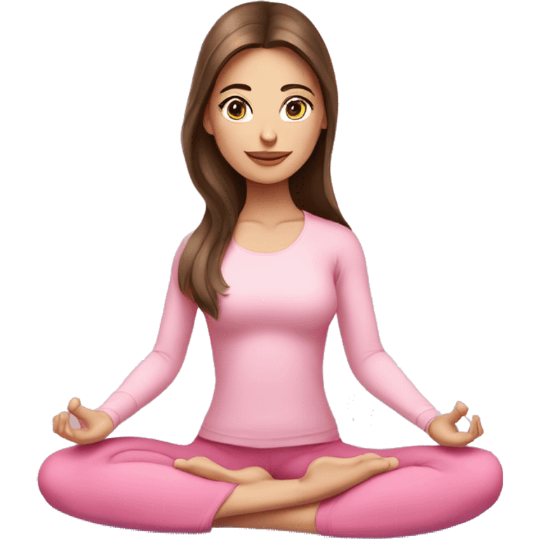 Brunette long hair and blue eyes yoga beautiful girl in light pink pink pink clothes sitting on a yoga mat emoji