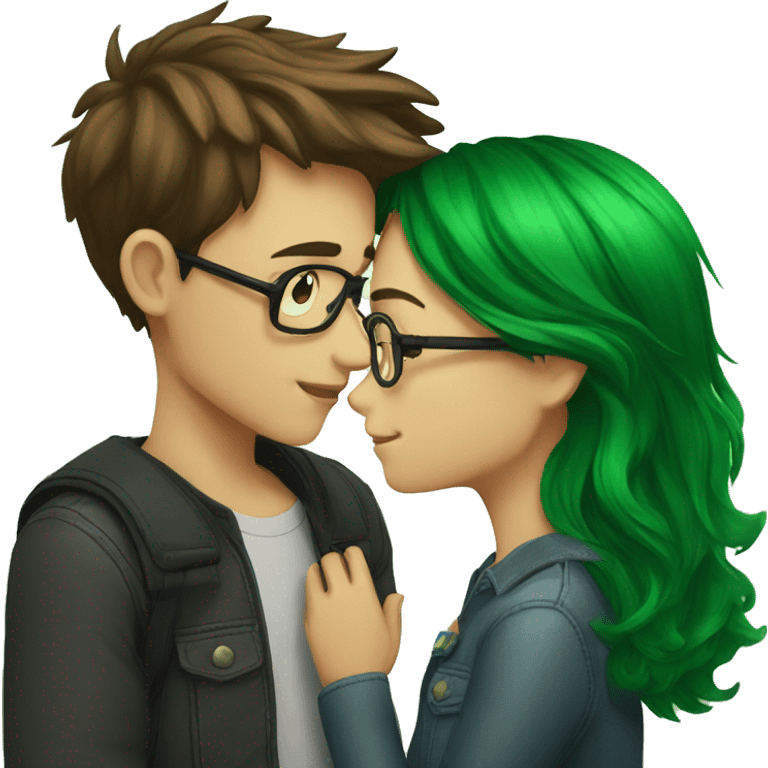 A boy with brown hair and a mustache is kissing a green haired girl wearing glasses emoji