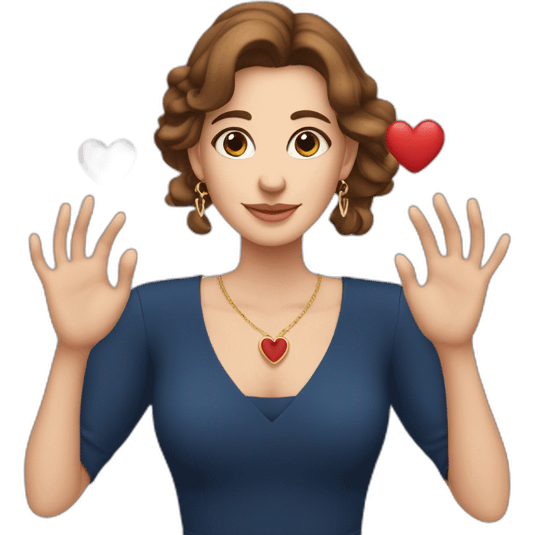 A white woman with brown hair, making a heart symbol with her hands (with long earrings and dark blue dress) making a heart symbol with her hands emoji