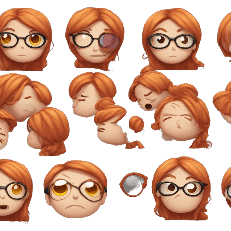 Redhead chibi emotes with bubble eyes with rounder glasses with many feelings in minik emoji