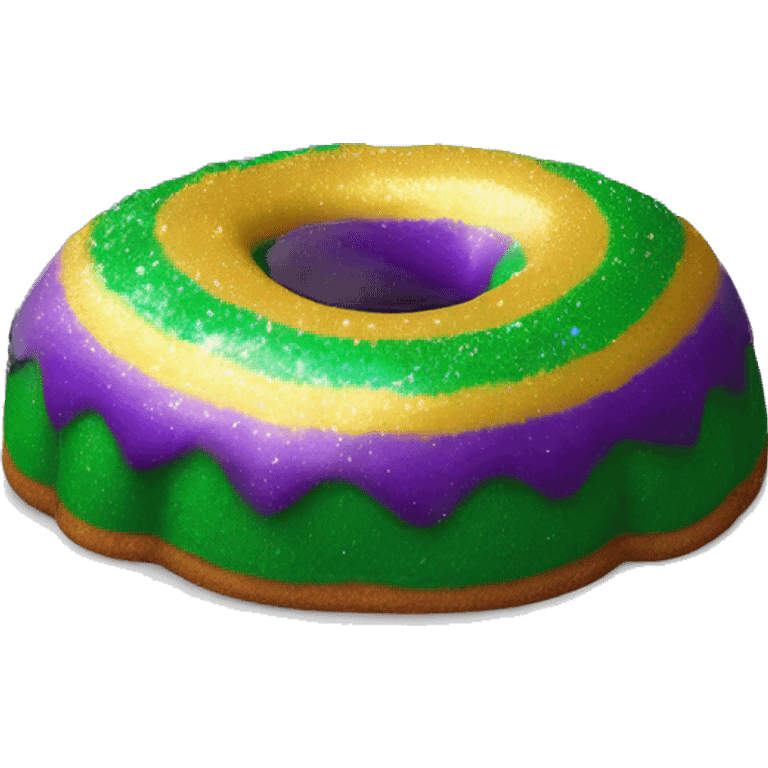 Realistic single isolated flat mardi gras oval bundt king cake with glitter icing on top half of the cake. emoji