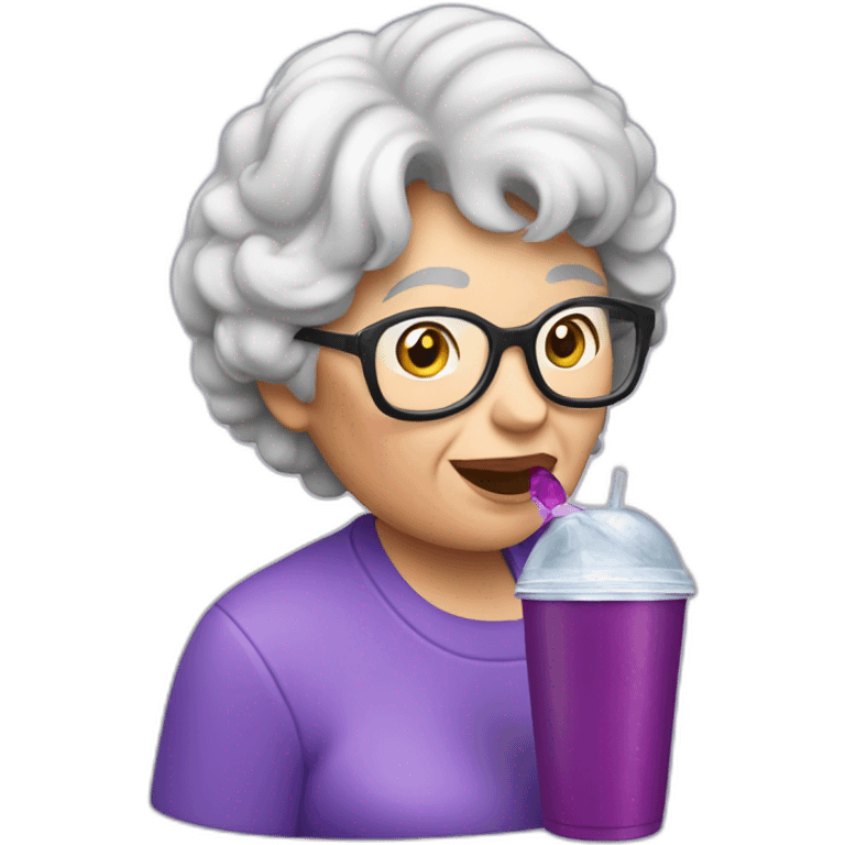 grandma drinking a purple soda from a styrofoam cup emoji