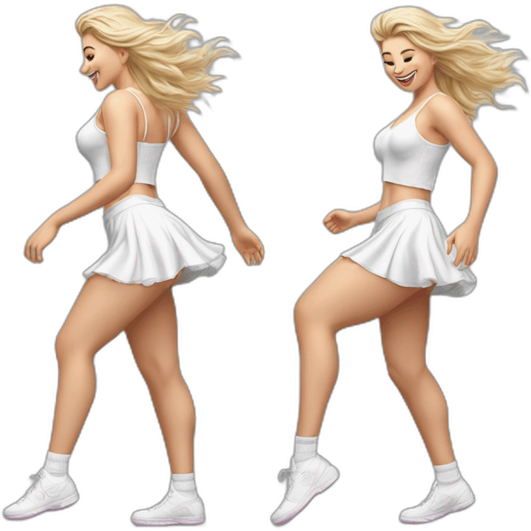 Hyperrealistic Full body Caucasian curvy beauty jumping short white skirt back and front views strong wind knickers long white socks emoji