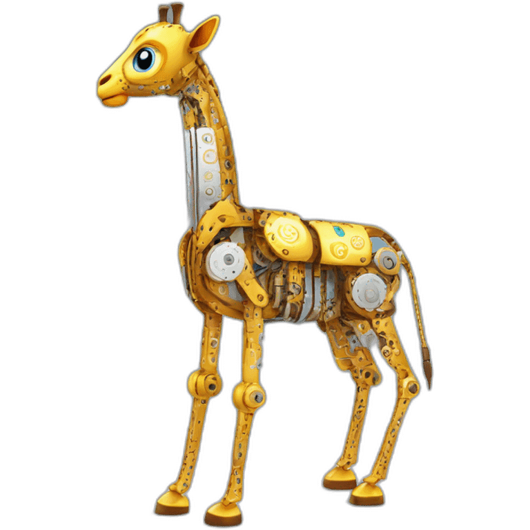 Una girafa robotica con patrones de circuitos brillantes en su piel, piernas con juntas móviles y piezas de metal relucientes emoji