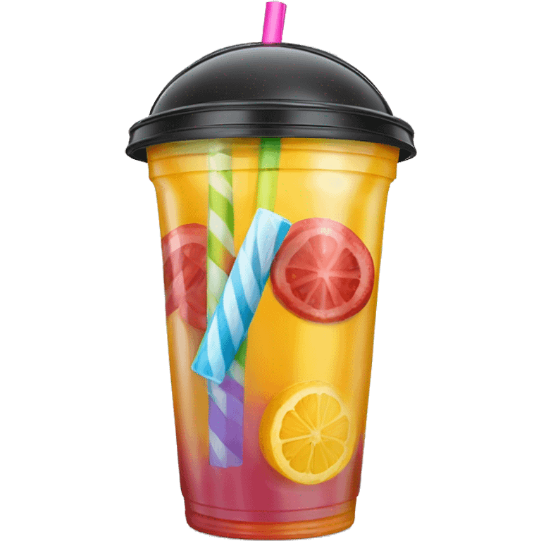 Realistic plastic domed lid cup with colorful straw and juice with ice inside of the cup. emoji