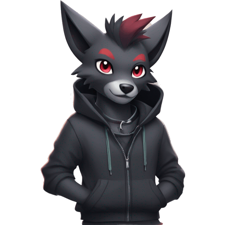 Cool Edgy Zorua-Zoroark-Mightyena with a collar and hoodie-sweater and harness on, full body emoji