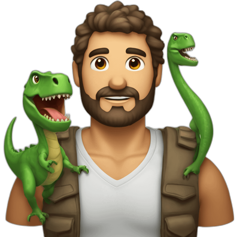 hombre de pelo castaño con barba, y ojos verdes Junto a un dinosaurio emoji