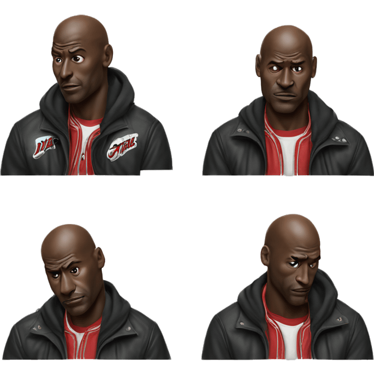 Michael Jordan in a jacket holds his head and is sad photorealistic serious emoji