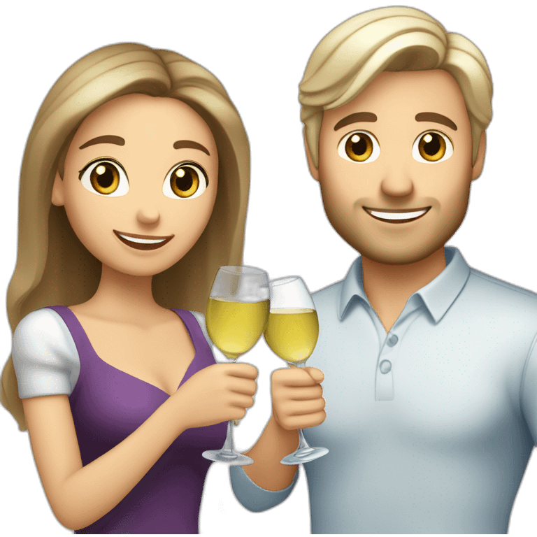 caucasian woman with brown eyes and blond shoulter long hair and a caucasian man with blue eyes and grey hair, toasting with a glass of white wine emoji