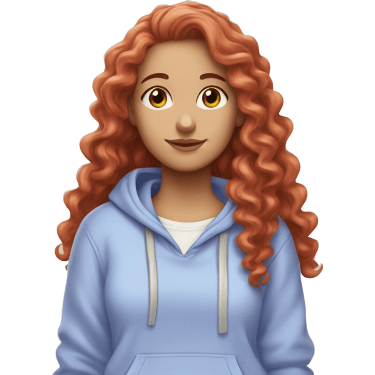 white girl with long red curly hair, wearing a pastel periwinkle hoodie doing a pose emoji