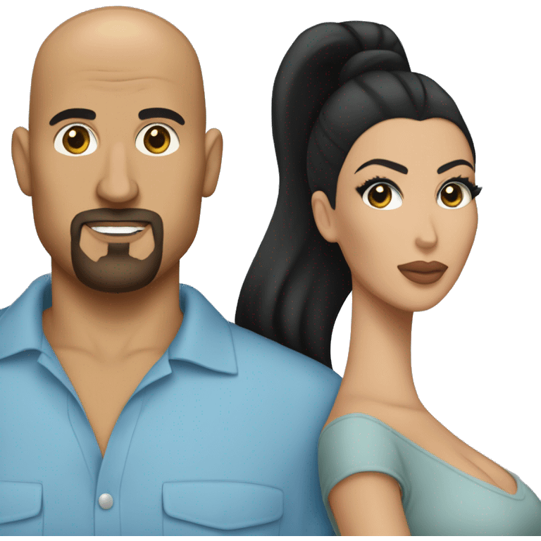 Bald man with goatee in blue shirt holding Kim kardashian with dark hair emoji