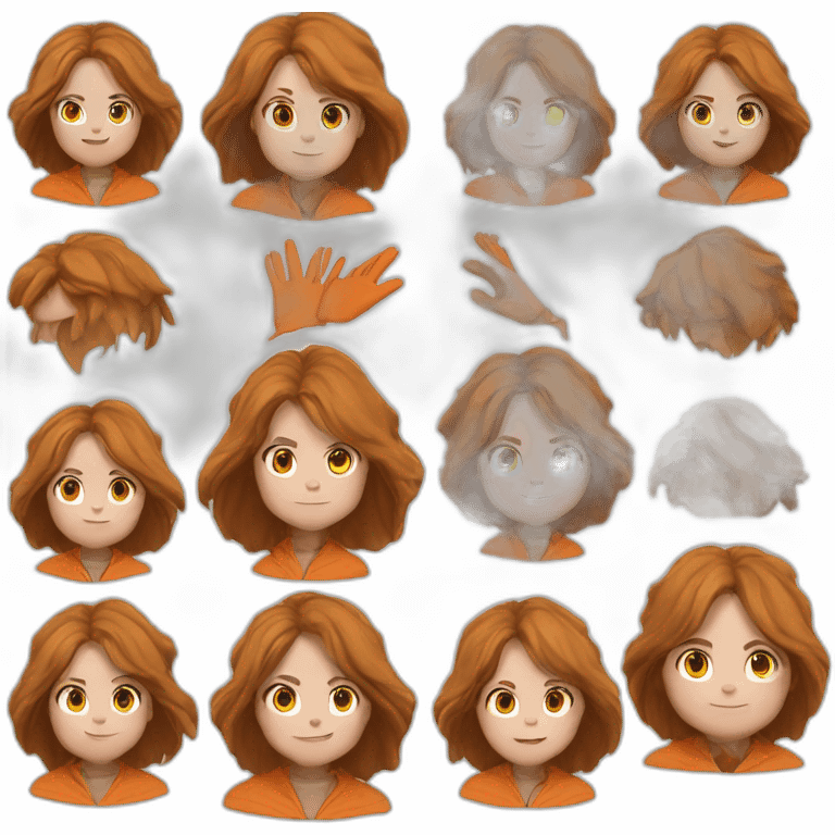 Character with really white skin, wearing an orange coat and brown gloves, having messy brown hair emoji