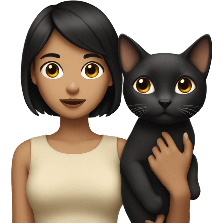 A girl with short black hair holding a beige cat emoji