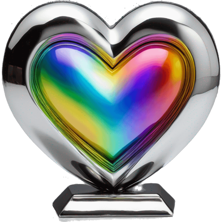 symmetric heart chrome sculpture symbolizing chromatic light with a geometric, faceted design. The heart is standing upright with angular and baroque features. The vibrant rainbow of colors highlights the sharp edges and planes.  emoji