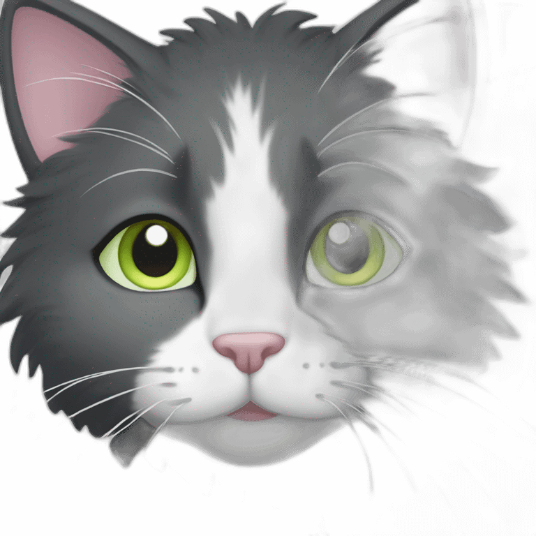 fluffy dark grey cat, short fur, small ears, pink nose, light green eyes, white long whiskers, white spots near the nose, white breast, the cat's fur is soft. emoji