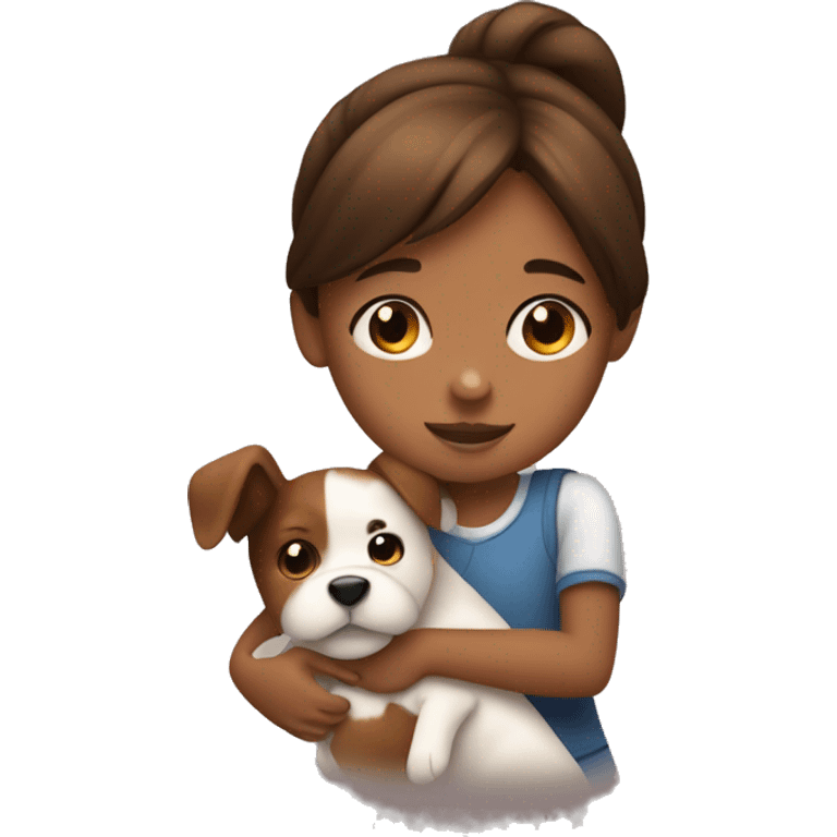 A little girl with brown hair and brown skin hugging a brown and white dog emoji