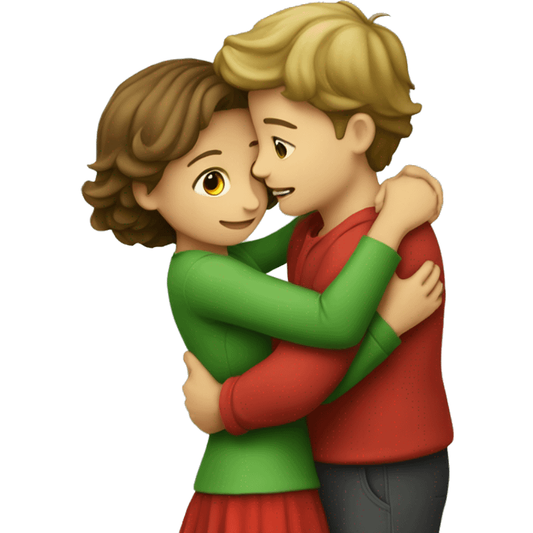 Green-dressed boy hugging red-dressed girl as a romantic couple  emoji