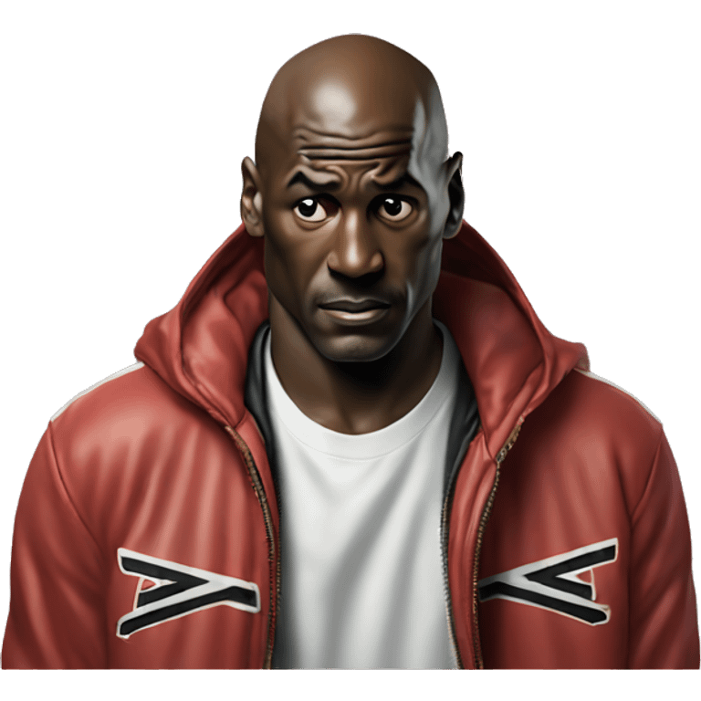 Michael Jordan in a jacket holds his head and is sad photorealistic serious emoji