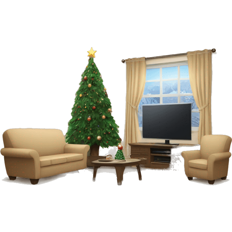 living room with christmas tree and a beige sofa and a tv emoji