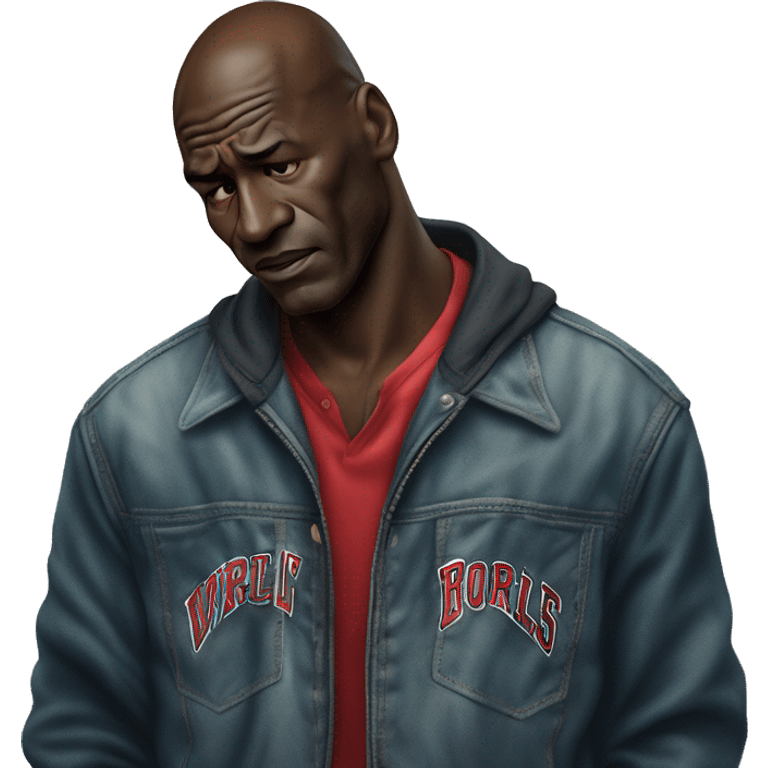 Michael Jordan in a jacket holds his head and is sad photorealistic serious emoji