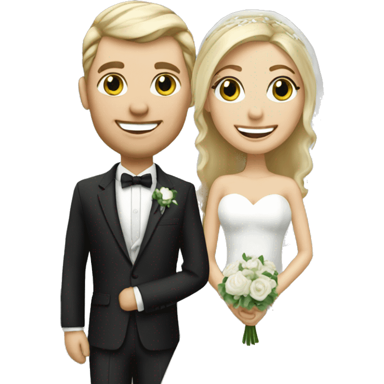 happy couple on wedding day, blond hair bride, groom silver green eyes emoji