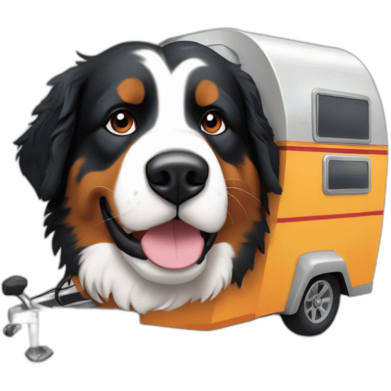 bernese mountain dog driving motorcamper and wood-fire emoji