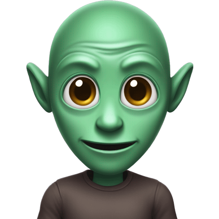 a darkgreen alien with brown hair, and purple eyes, with a modest smile, show hello with his hands,  emoji