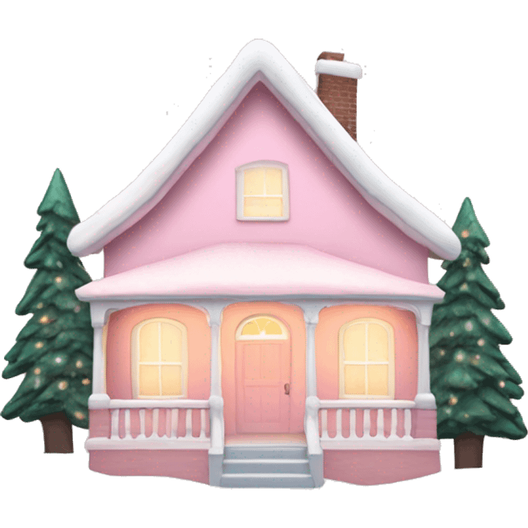 Pastel pink Christmas house with Christmas lights and evergreen trees emoji