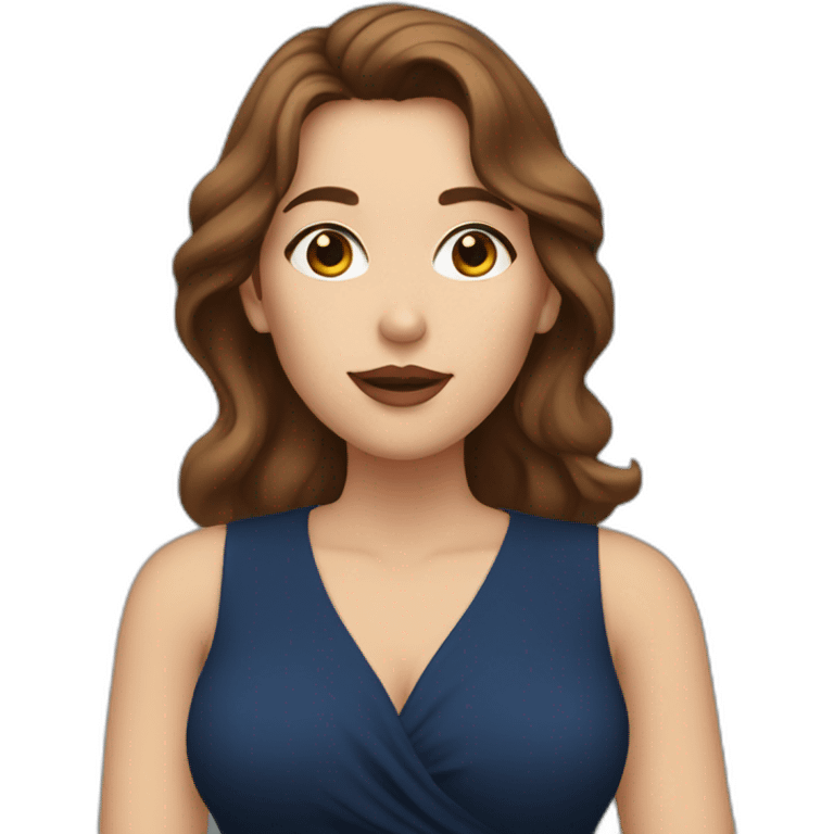 A white woman with brown hair, blowing a kiss, wearing long earrings and a dark blue dress emoji