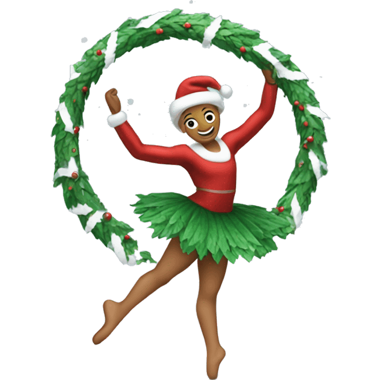 Christmas wreath with arms and legs dances ballet in the snow  emoji