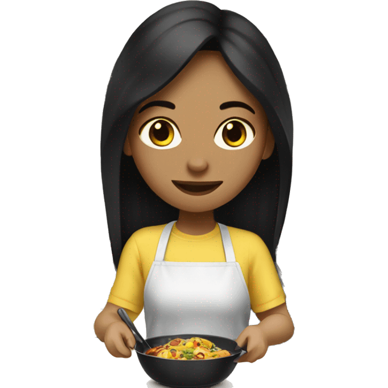 Pale girl with long black hair cooking dinner  emoji