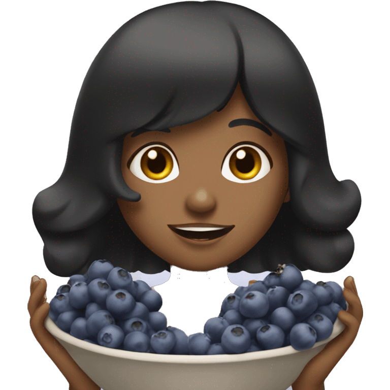 brown girl with black hair with bangs eating blueberries in bowl emoji