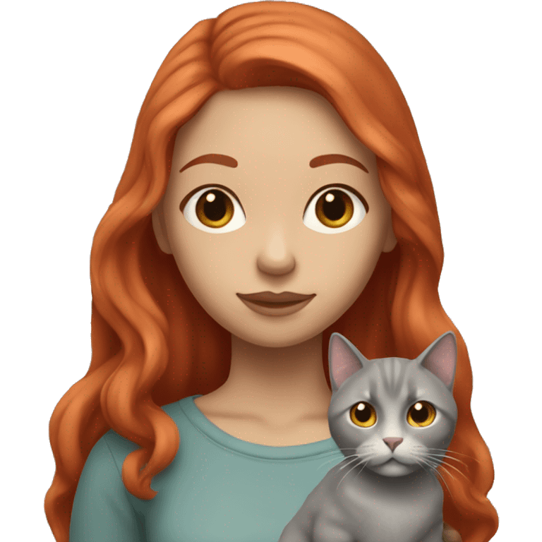 A long hair red headed girl with light skin, holding an all grey cat  emoji