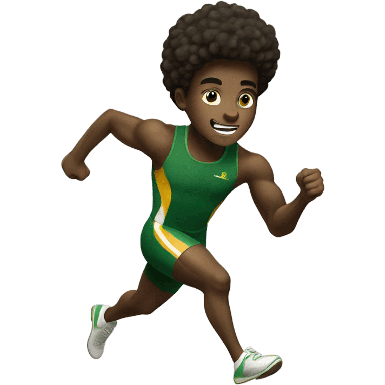 Muscular Afro teenage boy  in green track and field uniform running fast with gold baton in his hand. emoji