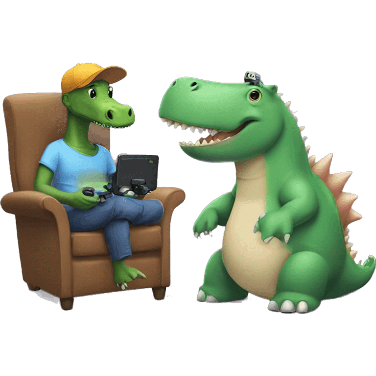 Dinosaur and hippo playing video games emoji