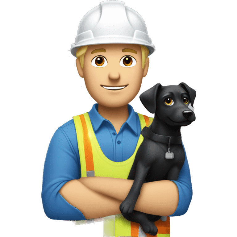 Blonde male Construction worker wearing a hat and blue work wear with little black dog on his arm emoji