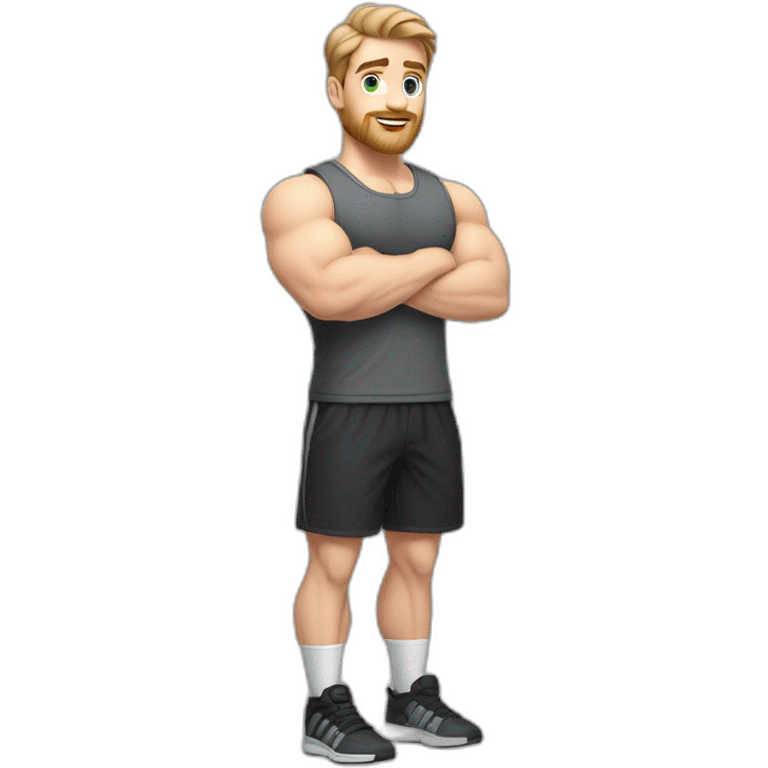 Full height Pale skinned fit man With biceps, Realistic eyes and mouth, light brown hair and stubble In dark gray sleeveless mike, black oversize sports shorts, watch and white sneakers. emoji