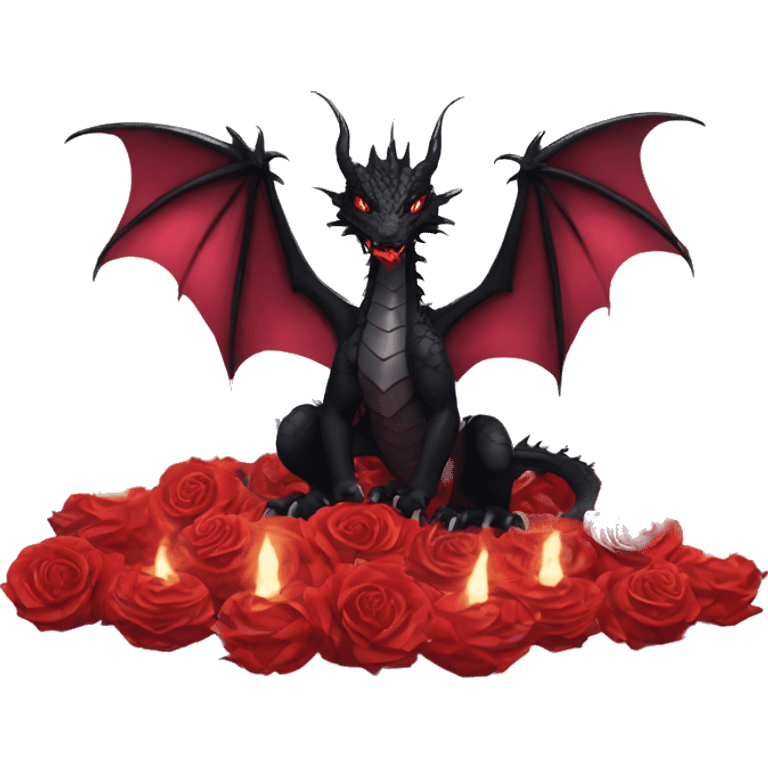 Black dragon breathing red flames, covered in thorned roses, surrounded by lanterns candles and fairy lights emoji