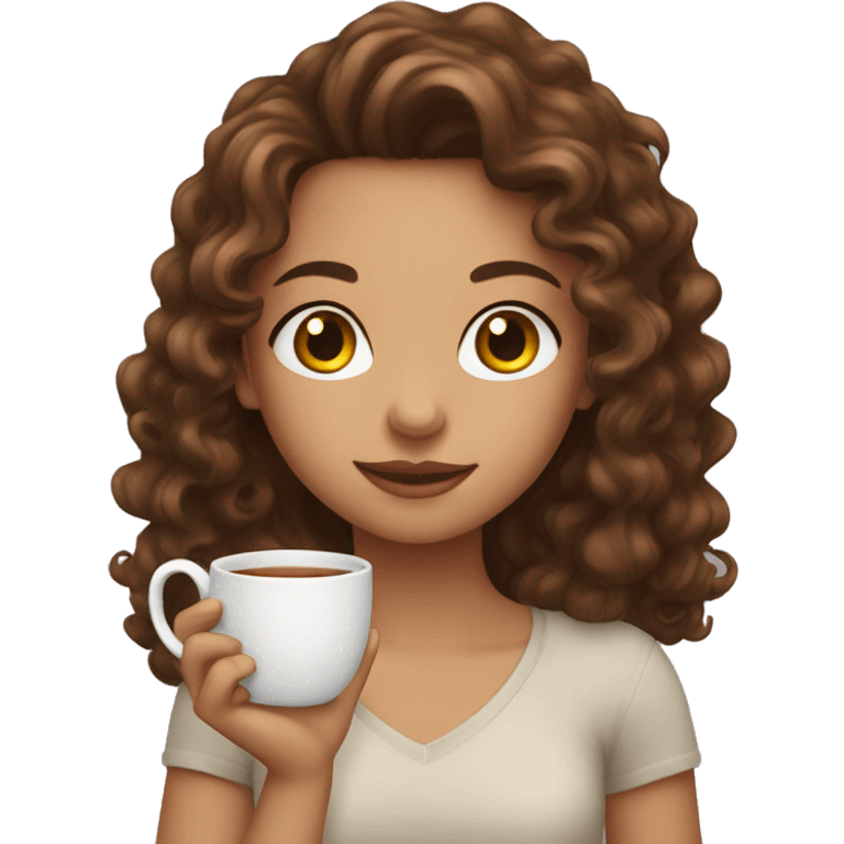 girl with small brown eyes and long brown curly hair holding a tea mug emoji