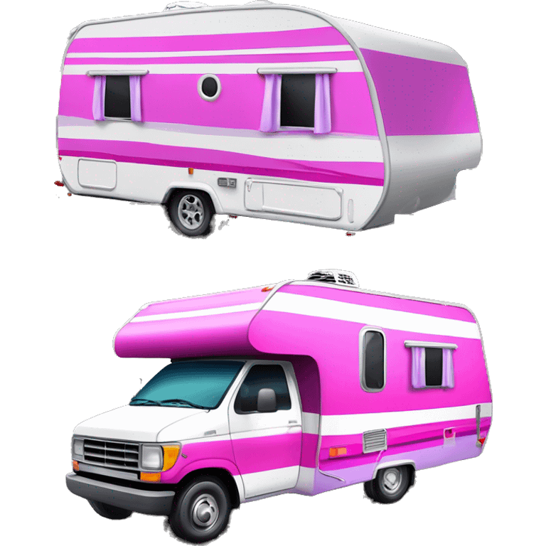 Realistic Hot pink and white outdoors camper trailer on wheels with purple curtains in windows ,a pink and purple striped awning rolled out on top of camper. emoji