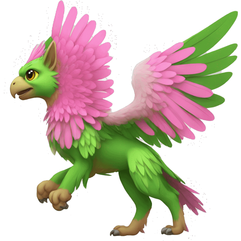 Full-body green gryphon with pink wings and pink tail-feathers emoji