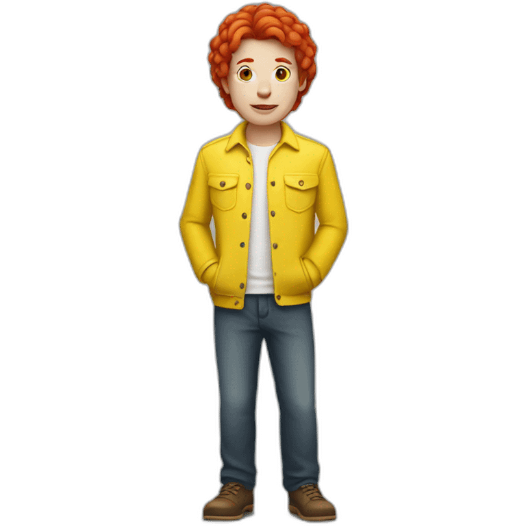 A person dressed in yellow, with red hair and white skin emoji