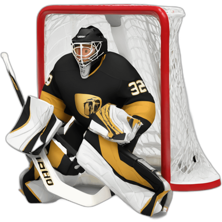 Ice hockey goalie with black and gold pads emoji