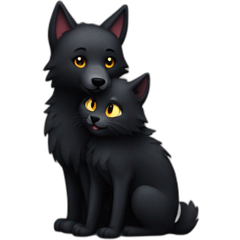 Wolf hugging a black cat emoji