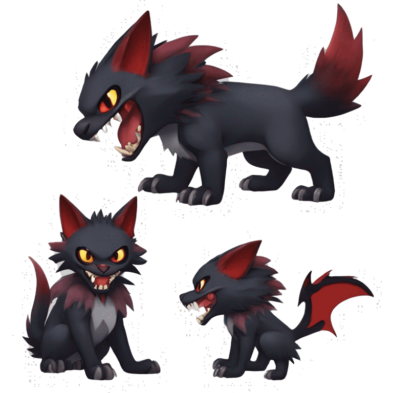   cool edgy fantasy anime-style dark animal vampiric Litten-Zoroark-Nargacuga-cat-hybrid Fakemon with big fangs and bat-ears full body emoji