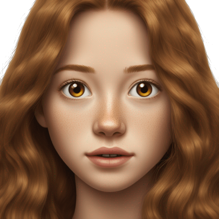 Maja Strojek long brown hair teenager, freckles, hyperreal, photoreal portrait emoji