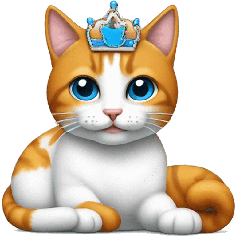 gato blanco con rayas naranjas en las patas, orejas y cola, ojos azules tumbado en el sofá con una diadema de princesa  emoji