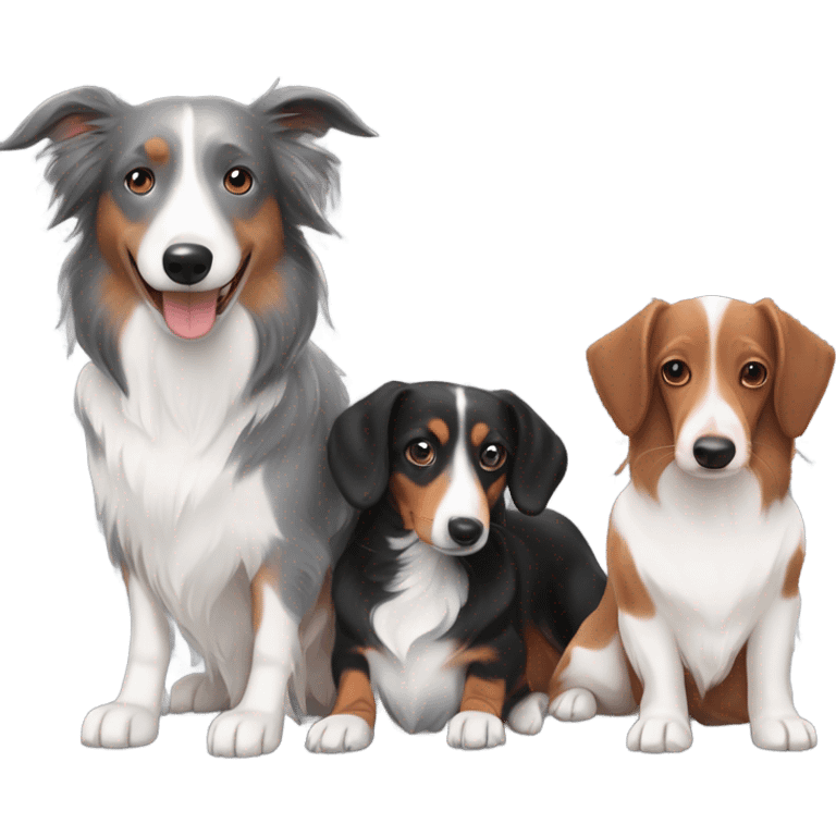 Grey and white border collie with a black and tan dachshund and a red dachshund  emoji