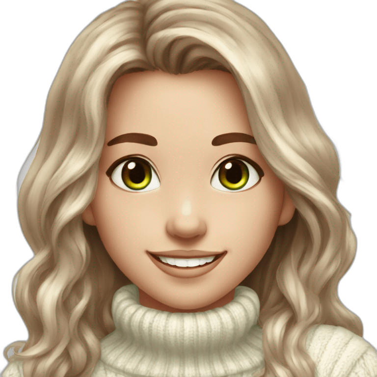 beautiful girl, white, with long loose wavy hair, brown hair, brown green eyes, smiles at the camera, good teeth, white sweater, realistic drawing emoji