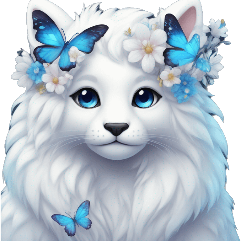 Anthro Edgy Cute Cool Kawaii gorgeous sparkly ethereal white fantasy animal creature with blue eyes furry sona with flowers and butterflies beautiful aesthetic emoji